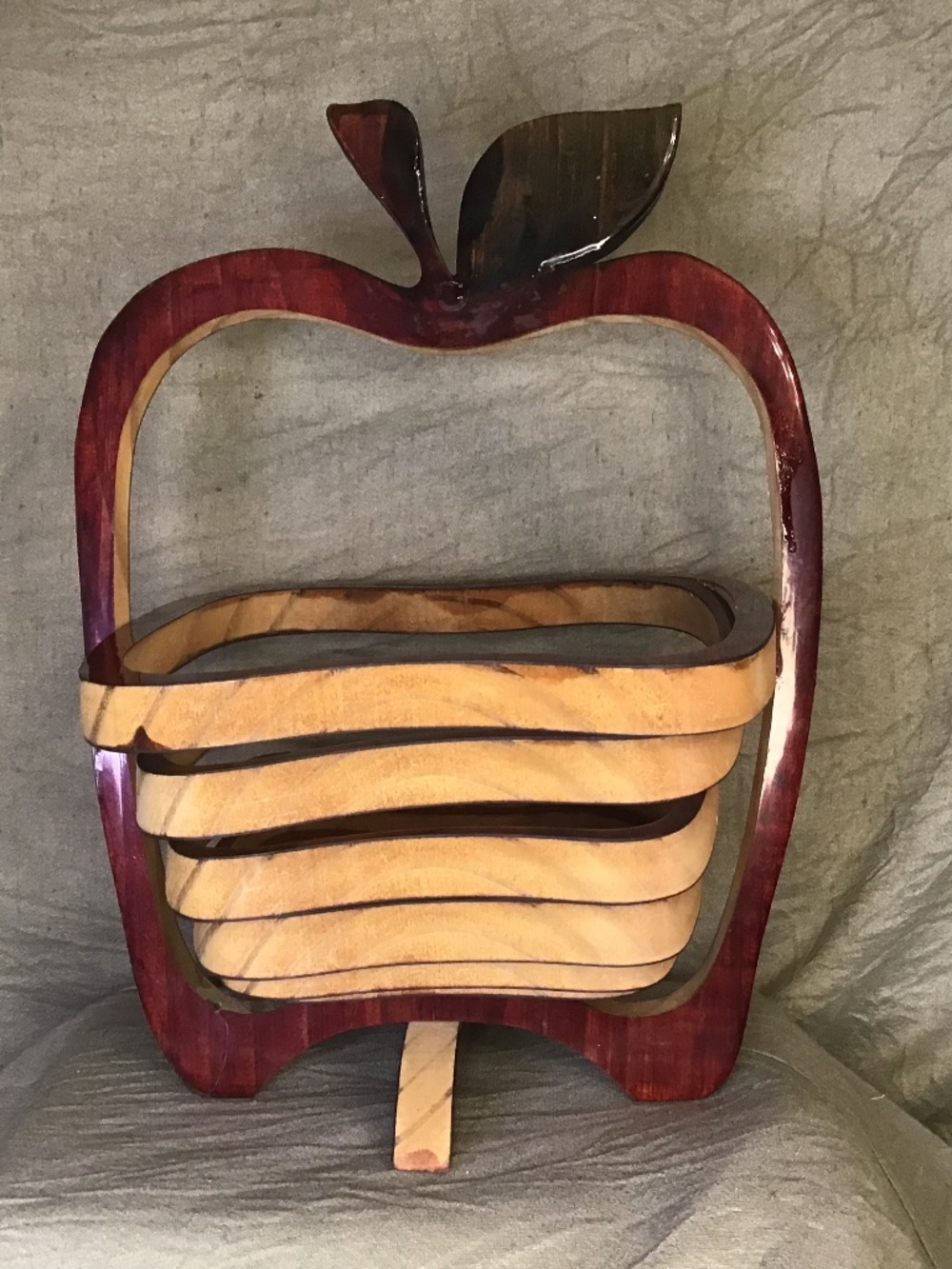 Vintage Equinoccio 3D Apple Coil Collapsible Red Lacquer Wood Bowl Basket